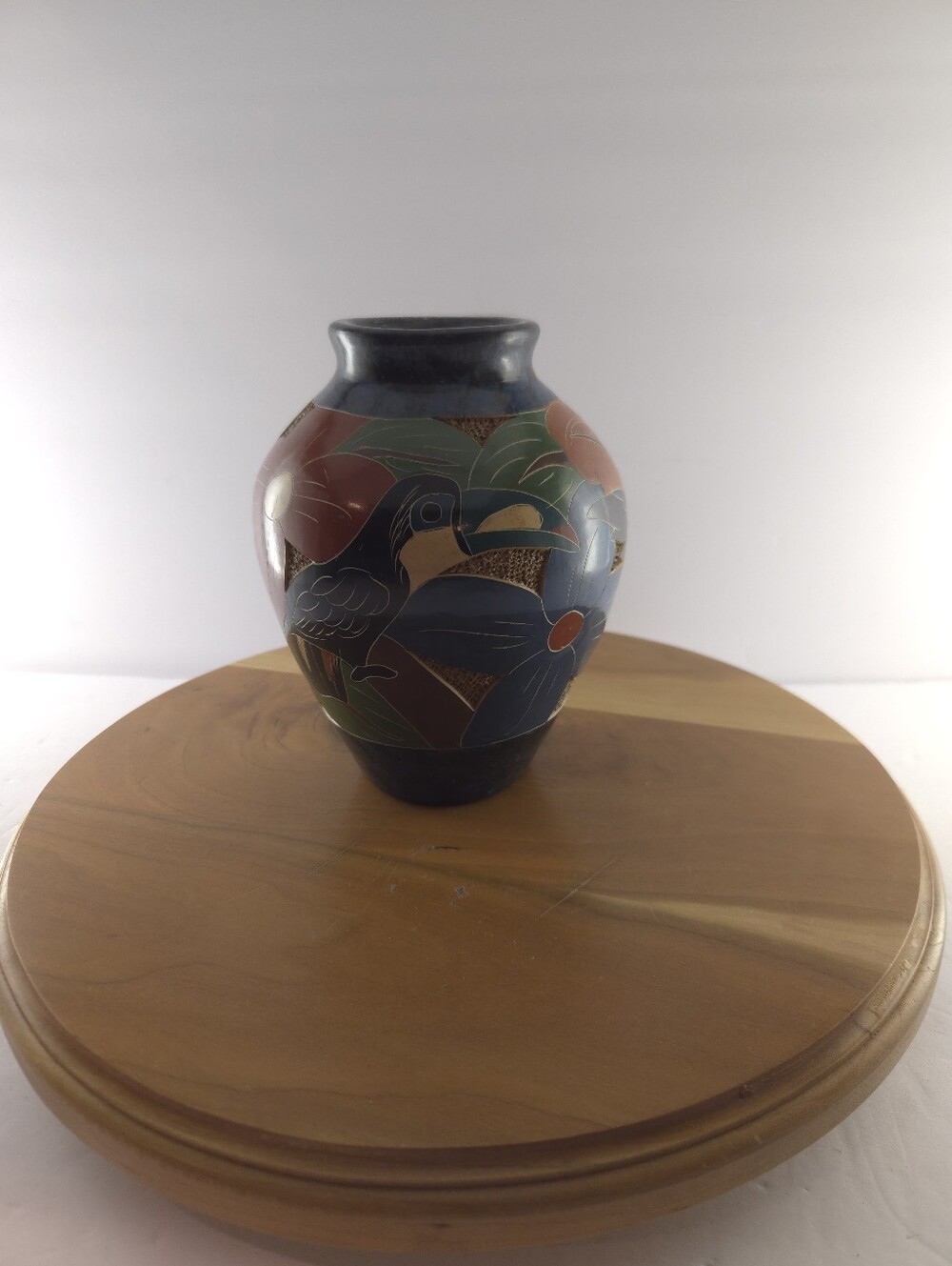 VINTAGE Folk Art Pottery Vase Toucan, Monkey, Hummingbird Made in Nicaragua